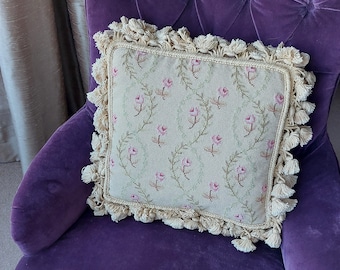 Vintage square delicate floral pink and green hand embroidered tapestry cushion with tassel trim and feather inner