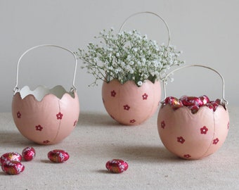 Dainty metal  rustic style Easter basket with handle - hand painted with flowers