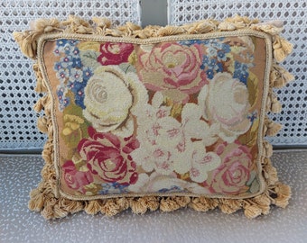 Vintage hand stitched rectangular floral embroidered tapesty cushion with tassel fringe, velvet/cotton backing and feather inner