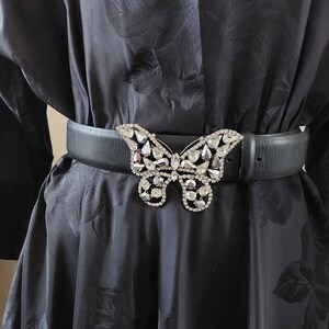 Vintage Jaeger black leather belt Swarovski butterfly crystal buckle Size small Made in England image 8