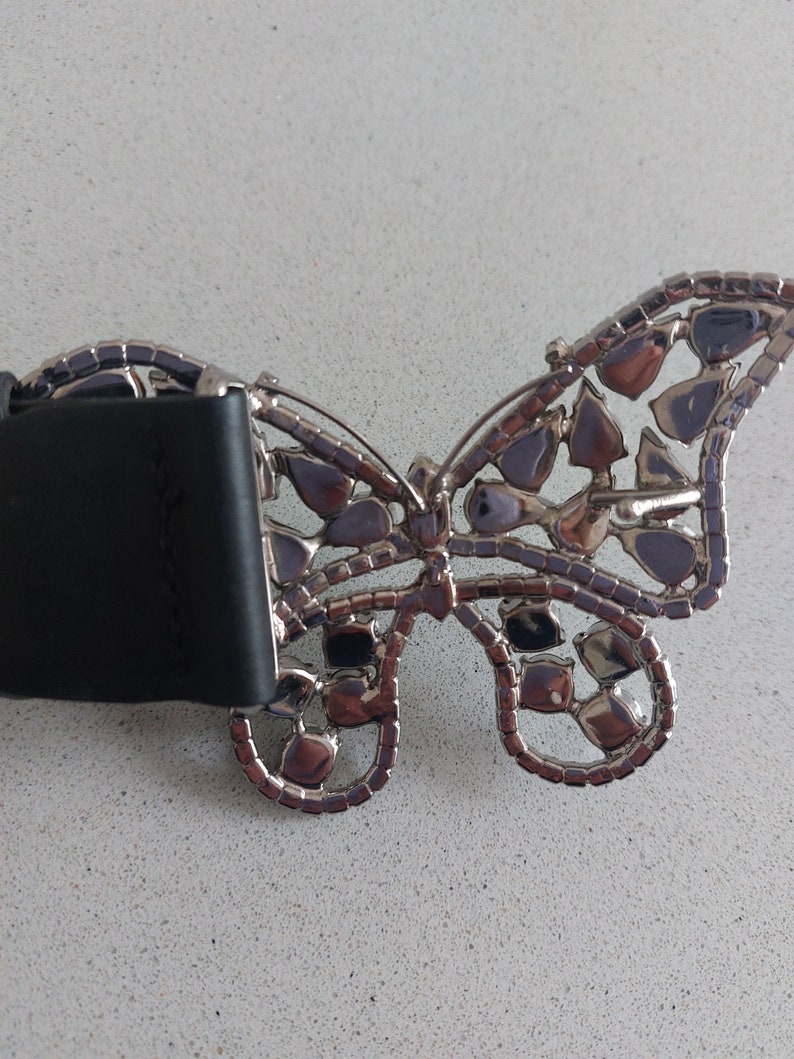 Vintage Jaeger black leather belt Swarovski butterfly crystal buckle Size small Made in England image 3