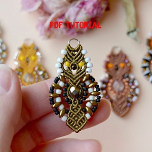 May include: Five beaded owl earrings in various colors, including gold, brown, white, black, and orange. The earrings are made with small beads and have a detailed design. The text "PDF TUTORIAL" is visible in the image.