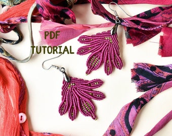 PDF tutorial of macrame earrings, leaves, leaf pendant, DIY, step-by-step, detailed pattern, knots, jewelry, intermediate, advanced, floral