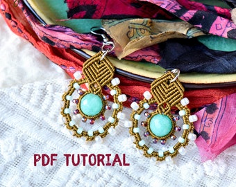 PDF tutorial - Macramé earrings Saturn, DIY, step-by-step pattern, micro-macrame, beaded jewelry, beginner level