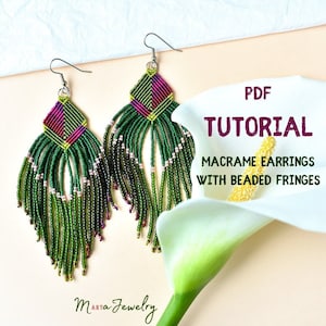 May include: PDF tutorial for macrame earrings with beaded fringes. The earrings are green with pink and yellow accents. The earrings are shown against a white background.