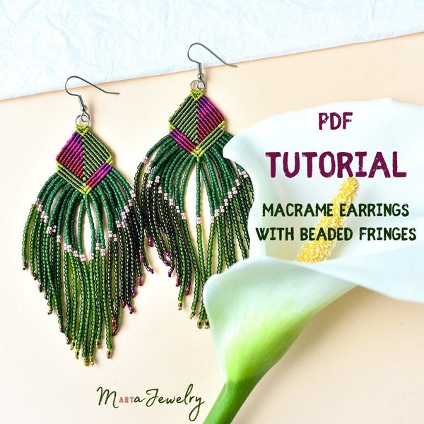 PDF tutorial - macrame earrings with beaded fringes, DIY project