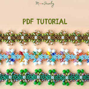 May include: Three beaded bracelets in different colour combinations. The top bracelet is green and gold, the middle bracelet is blue and white with colourful beads, and the bottom bracelet is green and iridescent. The image includes the text "PDF TUTORIAL".
