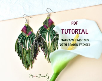 PDF tutorial - macrame earrings with beaded fringes, DIY project