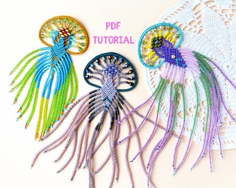 PDF tutorial micro-macrame pendant Jellyfish, Medusa necklace, DIY, step-by-step, pattern, beaded fringe