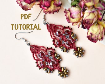 PDF tutorial of macrame earrings, DIY, step-by-step, detailed pattern, micro-macrame, beaded, jewelry, intermediate, knots, elegant, floral