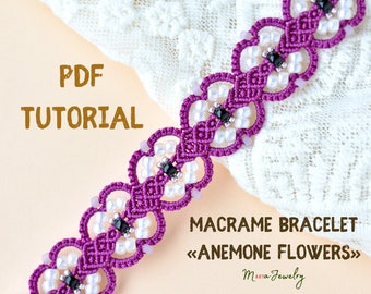 PDF tutorial - Anemone flowers - beaded macrame friendship bracelet, DIY