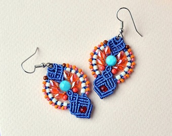 Lightweight blue-orange macramé earrings with quartz and glass beads