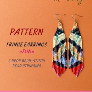 May include: A pair of beaded fringe earrings with a colorful geometric pattern. The earrings feature a mix of black, cream, red, blue, and purple beads. The text on the image reads "PATTERN FRINGE EARRINGS FUN 2 DROP BRICK STITCH BEAD STRINGING."