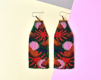 Fringe earrings, abstract pattern, red chrysanthemum flowers, seed bead jewelry, dainty beadwork