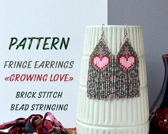 Beading PATTERN - Fringe earrings "Growing Love", hearts, brick stitch