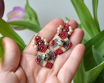 Boucles d'oreilles en pierres précieuses, bijoux en macramé perlé, petites boucles d'oreilles pendantes, perles élégantes