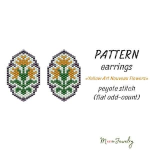 Może przedstawiać: Wzór na kolczyki w technice peyote z żółtymi kwiatami w stylu Art Nouveau. Wzór jest przeznaczony do płaskiego peyote o nieparzystej liczbie koralików.