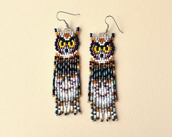 Owl fringe earrings - Great horned owl, seed bead jewelry