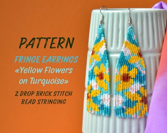 Beading PATTERN - Fringe earrings "Yellow flowers on turquoise" represented with Miyuki Delica beads - Instant Download