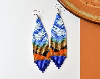 Landscape fringe earrings - blue brown orange, seed bead jewelry