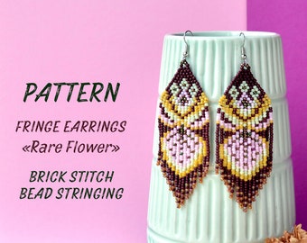 May include: A pattern for fringe earrings with a "Rare Flower" design. The earrings are made with brown, pink, and yellow beads and are strung using the brick stitch technique. The pattern is shown on a white vase with a brown and white vase in the background.