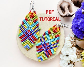 PDF tutorial macrame earrings, DIY, step-by-step, pattern, micro-macrame, beaded, jewelry, beginner, intermediate, knots, knotting, colorful