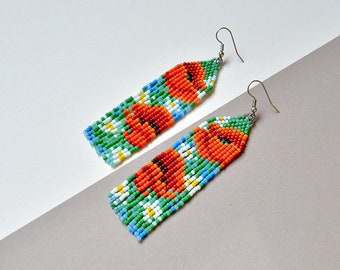 Mini fringe earrings - Ukrainian flower field with poppies, cornflowers, chamomiles, seed bead jewelry