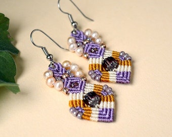 Elegant Small Earrings, Beaded Macramé Earrings with Pearls, Delicate Lilac Cream Jewelry, Handwoven Jewelry