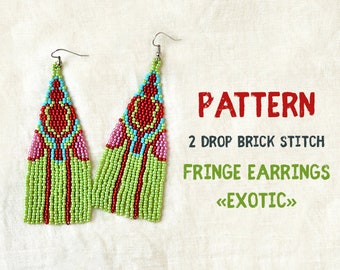 May include: A pair of green, red, pink, and blue beaded fringe earrings. The earrings are made with a 2 drop brick stitch pattern. The text "PATTERN", "2 DROP BRICK STITCH", "FRINGE EARRINGS", and "<EXOTIC>" is visible in the image.