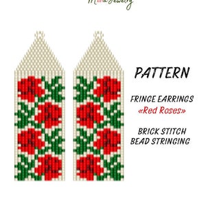 Beading PATTERN, Red Roses Fringe Earrings, Seed Bead Jewelry, Miyuki Delica DIY, Botanical Design, Floral Vyshyvanka, Simple Brick Stitch