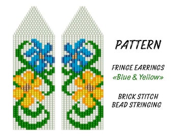 May include: Digital pattern for fringe earrings. The design features two vertical beaded patterns with blue and yellow flowers, green vines, and the text "PATTERN". The earrings are made using brick stitch and bead stringing.