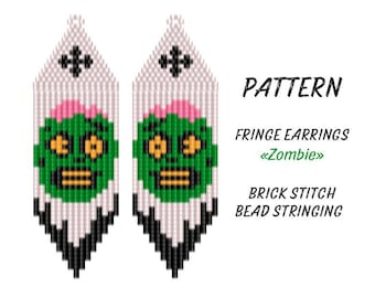 May include: A pattern for fringe earrings with a zombie design. The earrings are made using brick stitch bead stringing. The design features a green zombie face with pink brains, black accents, and white and black fringe.