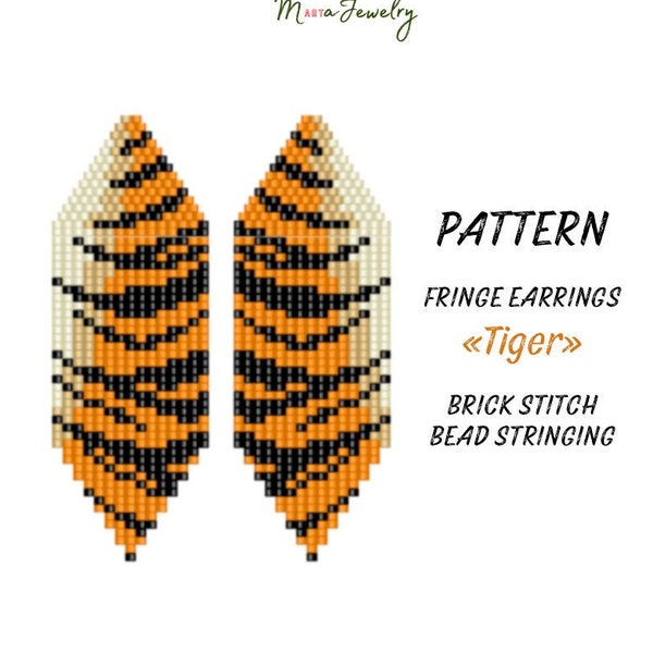 Beading PATTERN - Fringe earrings "Tiger", animal print, round seed beads - Instant Download