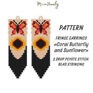 May include: Pattern for fringe earrings featuring a coral butterfly and sunflower design. The earrings are made using a 2-drop peyote stitch and bead stringing. The design includes black, beige, red, yellow, and orange beads.