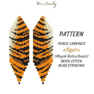 May include: A beading pattern for fringe earrings featuring a tiger stripe design. The pattern is for use with Miyuki Delica beads and uses the brick stitch technique.