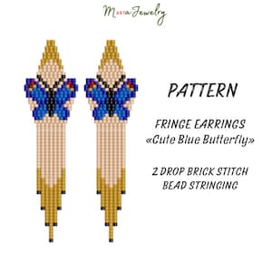 May include: A digital pattern for fringe earrings with a blue butterfly motif. The earrings are created using a 2-drop brick stitch bead stringing method. The design incorporates gold, beige, black, and blue beads.