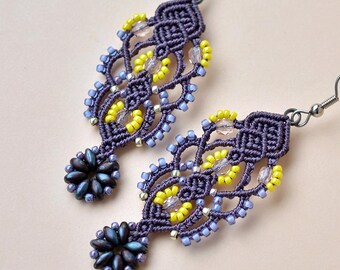 Boucles d'oreilles en macramé, bijoux en dentelle violette et jaune, boucles d'oreilles bohèmes légères