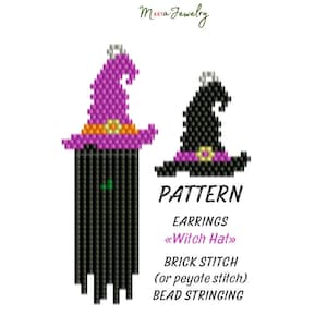 May include: A pattern for bead stringing earrings in the shape of a witch's hat. The pattern is for brick stitch or peyote stitch. The hat is black with a purple brim and a gold buckle. The earrings are black with a purple brim and a gold buckle. The pattern is called "Witch Hat" and is by MASTA Jewelry.