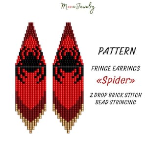 May include: A beading pattern for fringe earrings featuring a spider design. The pattern is called "Spider" and uses the 2 drop brick stitch bead stringing technique.