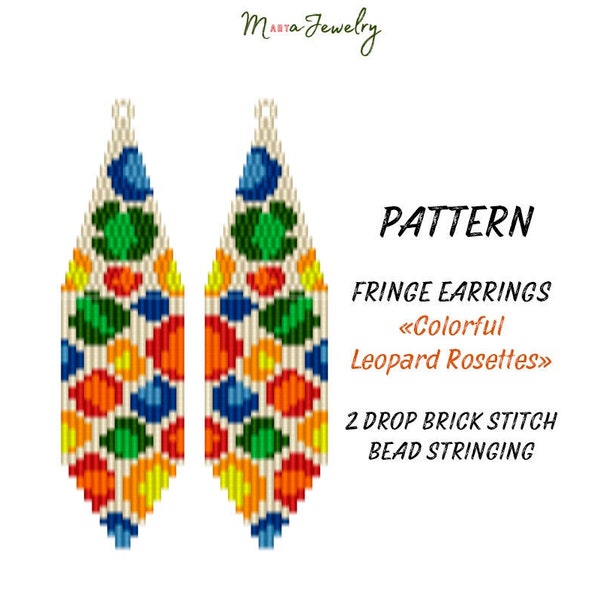 Beading PATTERN - Statement fringe earrings "Colorful Leopard Rosettes" - Instant Download