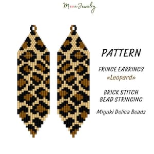 Puede incluir: Patrón digital para pendientes de flecos con estampado de leopardo. Los pendientes están hechos con ensartado de cuentas de punto de ladrillo con cuentas Miyuki Delica. El texto "PATTERN" y "FRINGE EARRINGS" está incluido.