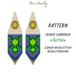 May include: A pattern for fringe earrings with a turtle design. The earrings are made with a 2-drop brick stitch bead stringing technique. The design features a blue background with a green turtle and a yellow and white top.