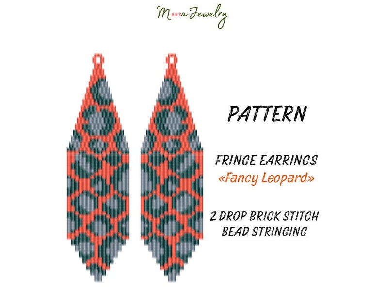 May include: A digital pattern for fringe earrings with a leopard print design. The earrings are in a drop brick stitch pattern, featuring coral and gray beads. The text on the image reads "PATTERN", "FRINGE EARRINGS", and "Fancy Leopard".
