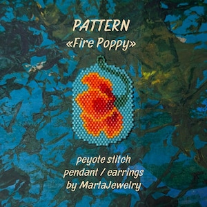 Könnte beinhalten: Ein Peyote-Stich-Perlenmuster für einen Feuermohn-Anhänger oder Ohrringe. Das Muster wurde von MartaJewelry entworfen.