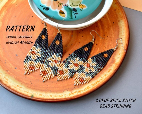 Beading PATTERN, Floral Mini Fringe Earrings, Beadweaving DIY Project, Elegant Seed Bead Jewelry, Delicate Flowers, 2 Drop Brick Stitch