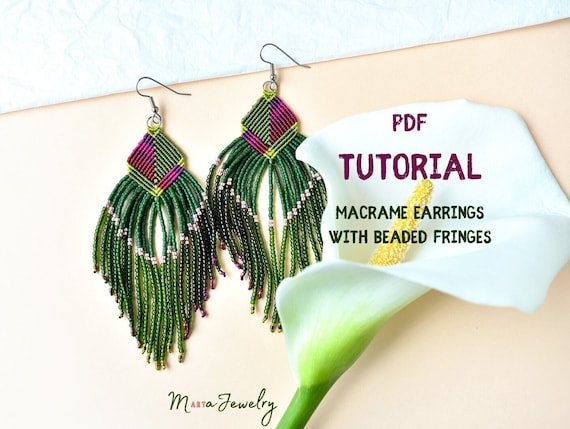 PDF tutorial - macrame earrings with beaded fringes, DIY project