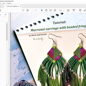 May include: A tutorial for making macrame earrings with beaded fringes. The earrings are green, pink, and yellow with silver beads. The title of the tutorial is "Macrame earrings with beaded fringes" by Marta Andrusenko.
