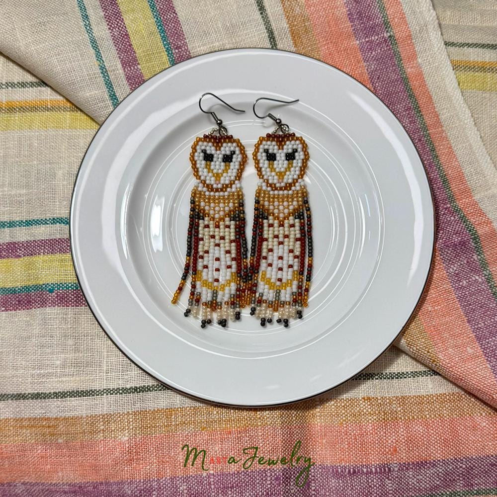 Owl Fringe Earrings Barn Owl, Seed Bead Jewelry