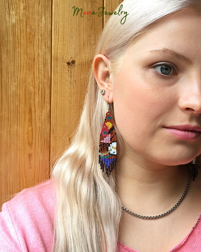 brown colorful Fringe earrings inspired by Wassily Kandinsky/'s abstract art