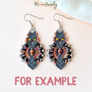May include: Gray macrame earrings with black, brown, and iridescent beads. The earrings feature a geometric design with a central focal bead.